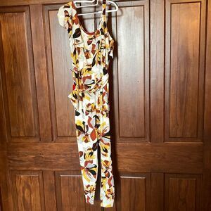 Jennifer Lopez New Asymmetrical Ruffle Strap Gold Brown Belted Jumpsuit Size M